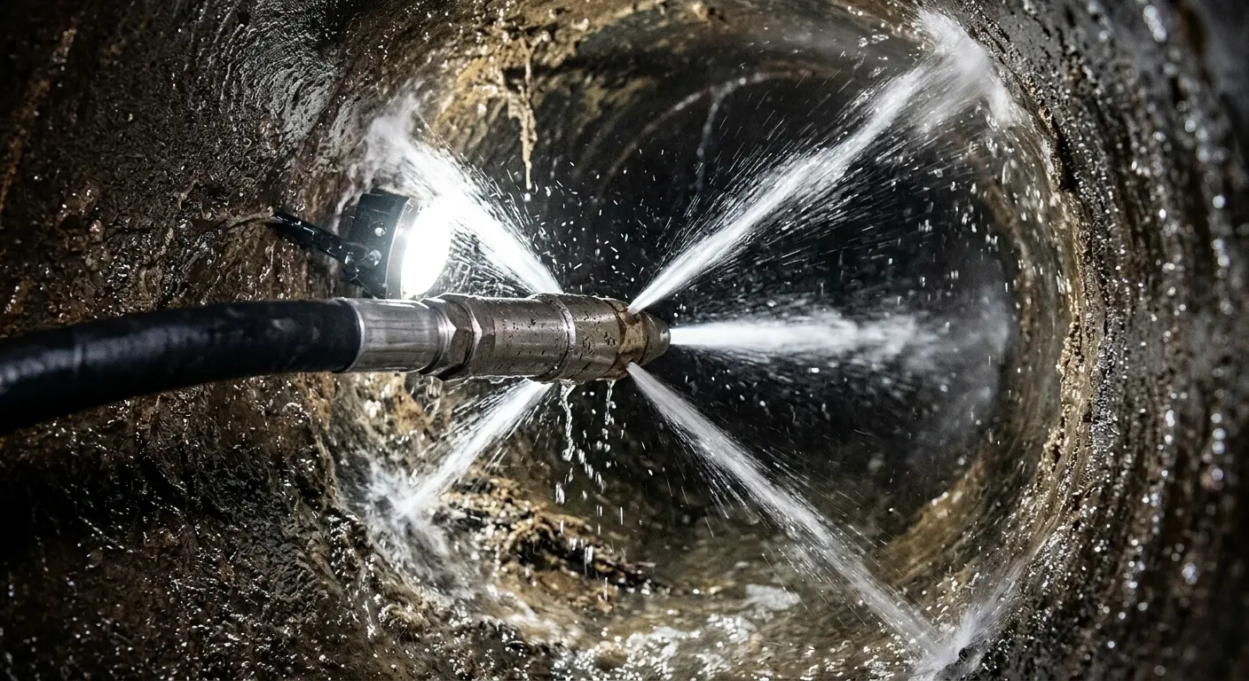 High-pressure hydro jetting nozzle cleaning sewer pipe for Trenchless Sewer Repair in Godley
