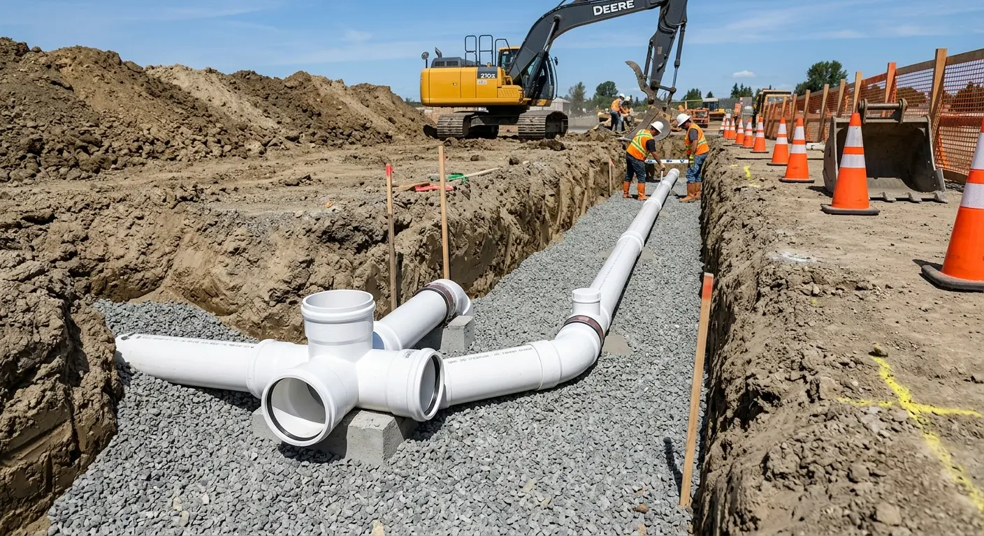 New PVC sewer pipe installation in open trench for Sewer Backup in Godley