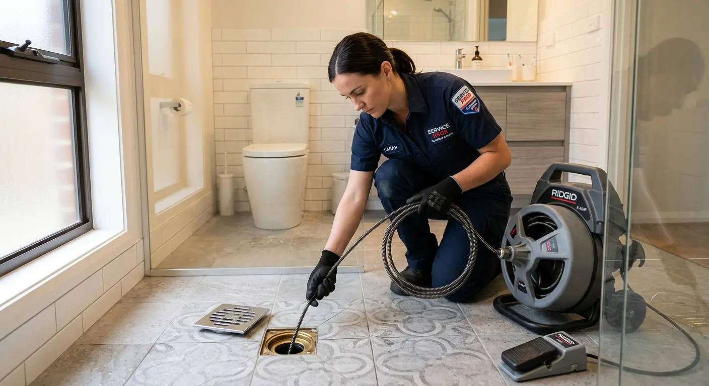 Technician clearing a bathroom floor drain for Hydro Jetting in Godley